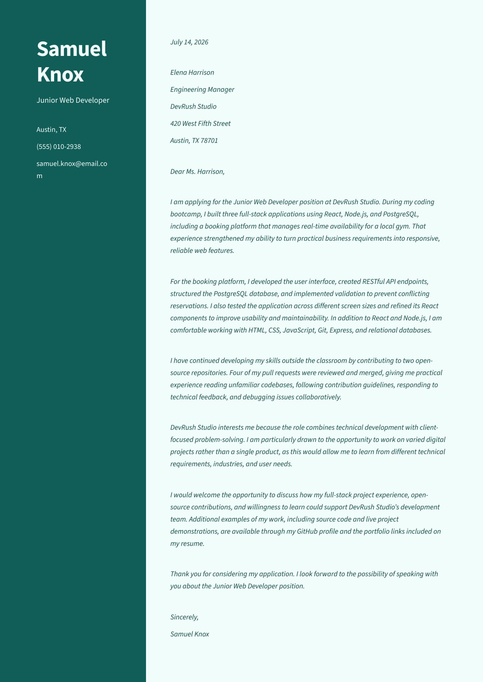 #1. Junior Web Developer (No Experience) Cover Letter Example