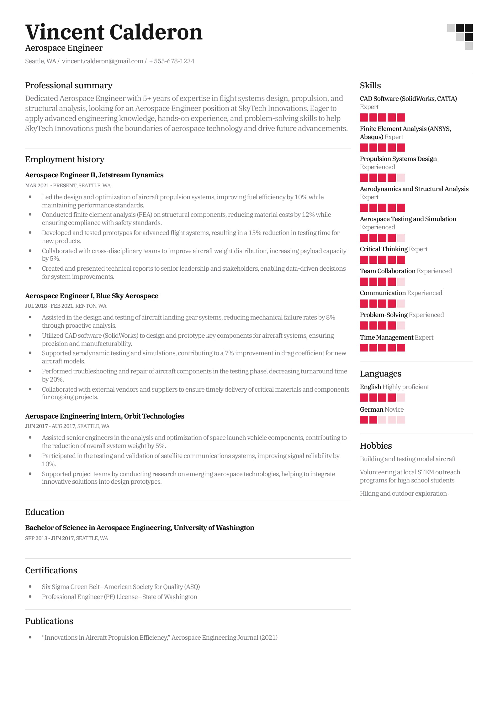 Aerospace Engineer Resume Example