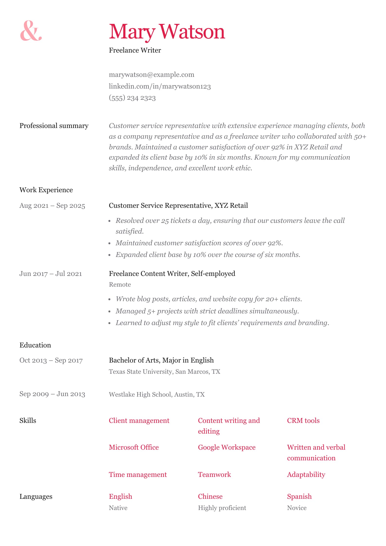 #1. Freelance Writer Resume Example